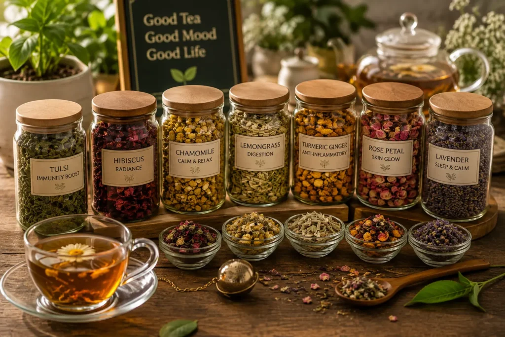 Premium herbal tea trends — assorted wellness tea blends