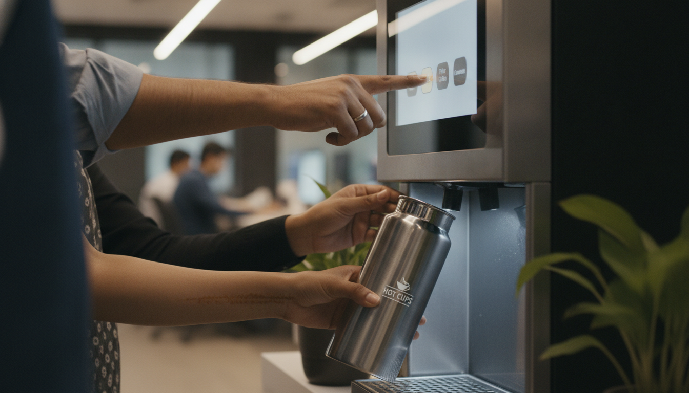 Close-up of a hand selecting a beverage from a Hot Cups smart vending machine, with a personalized flask ready to receive a hot drink, highlighting convenience and customization.